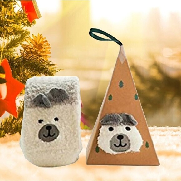 Christmas Holiday Puppy Dog Plush Fluffy Socks In an Ornament Box - Picture 1 of 2